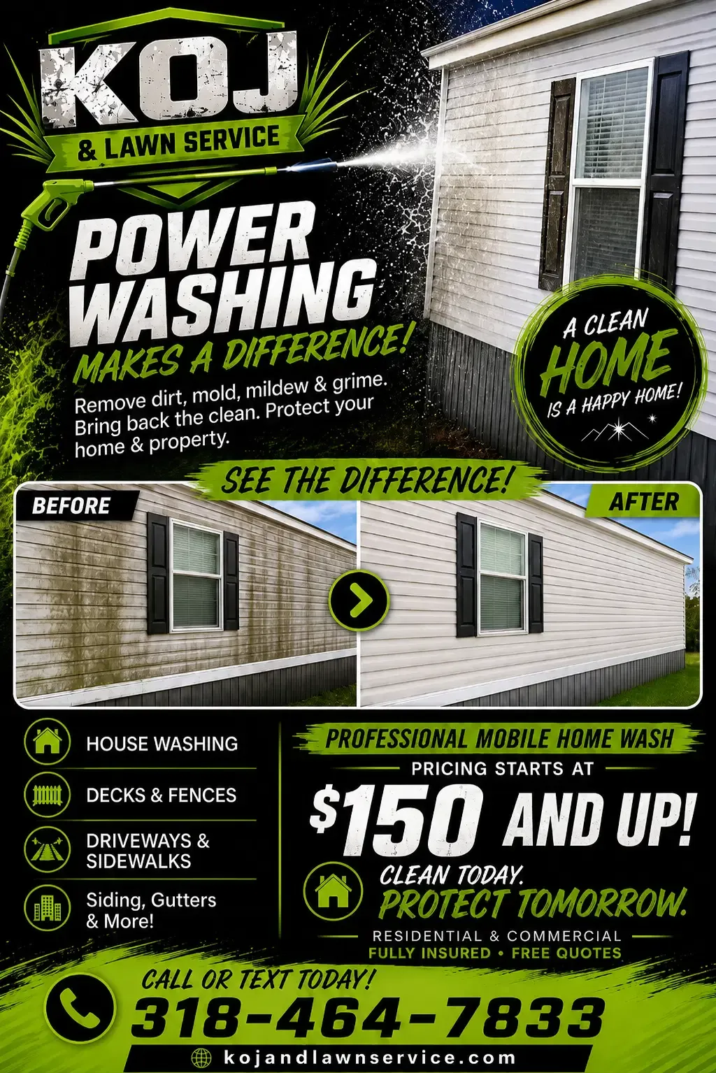 KOJ & Lawns power washing a home exterior before and after cleaning